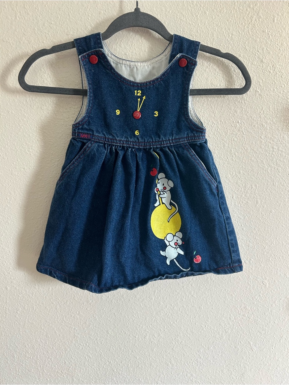 Vintage 80s 90s Lee Nursery Hickory Dickory Dock Denim Dress Kids 4T